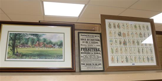 Bill of Sale framed poster, a Dickens cigarette card picture, a cricket scene picture and Seaford Links golfing picture